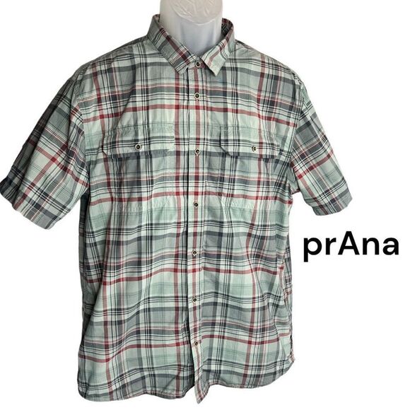 prAna Shirt Button up Men's Tower Grey Maroon Plaid S/S Wove Large - Picture 1 of 10